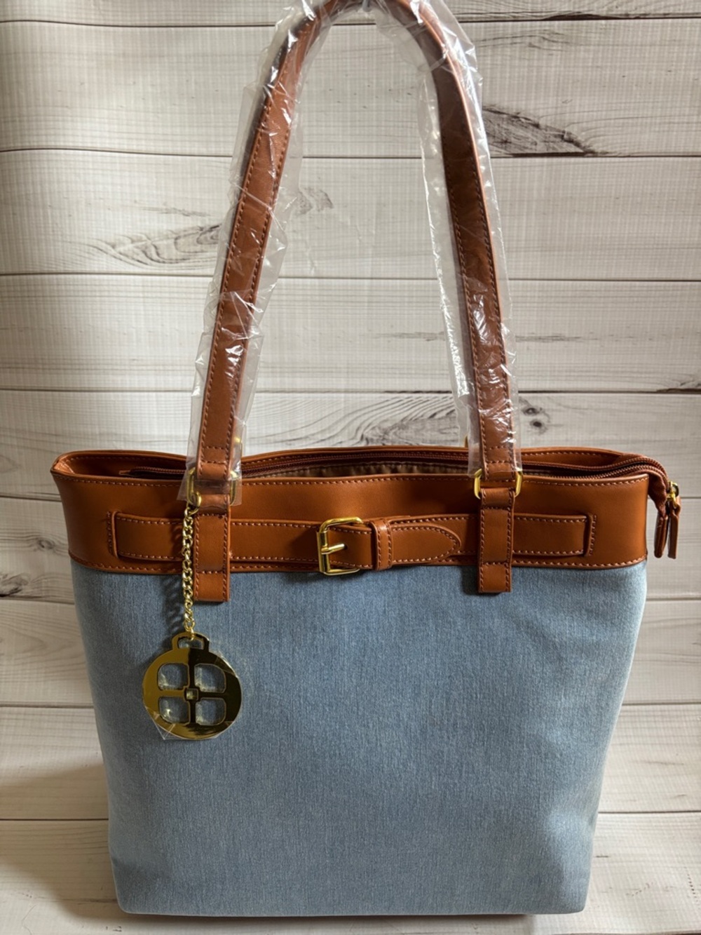 IMAN Light Denim Blue Tote Bag with Gold Accent